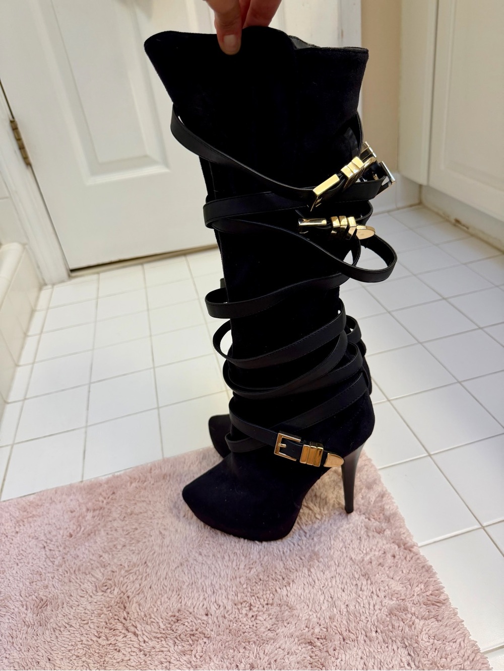 bebe Black Suede Wrap-Strap Stiletto Knee Boots with Gold Accents - Picture 2 of 10